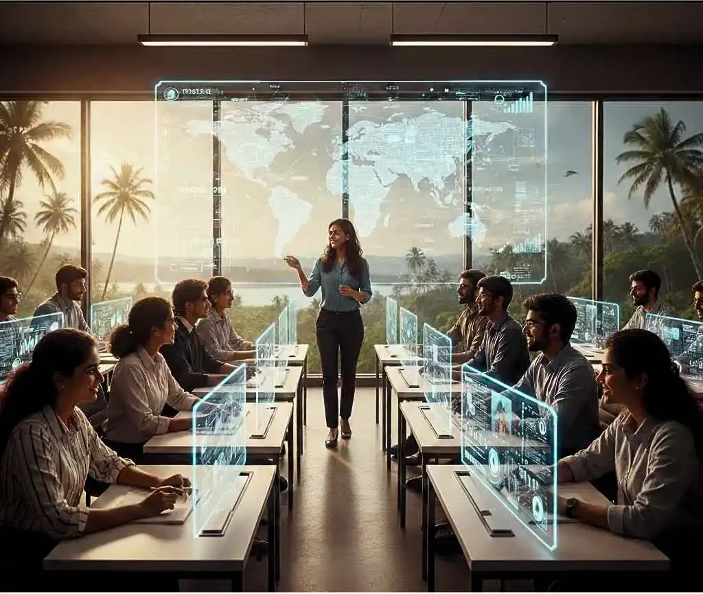 Students attending a high-tech Digital Marketing Course in Kerala with holographic displays