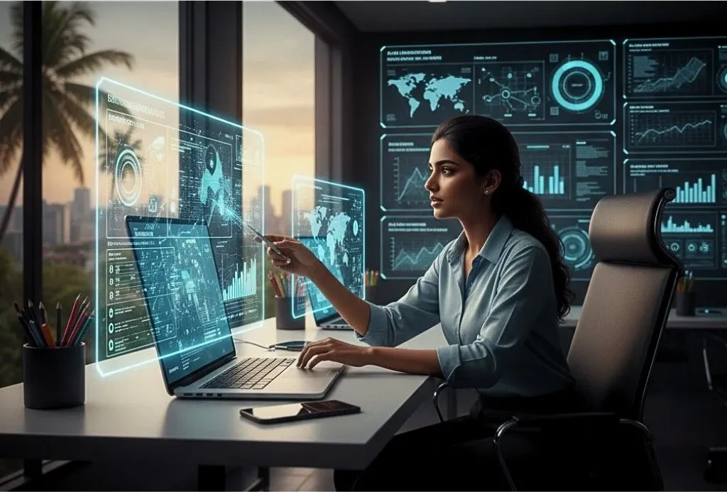 Woman analyzing AI-driven marketing data analytics in a Kerala tech hub office